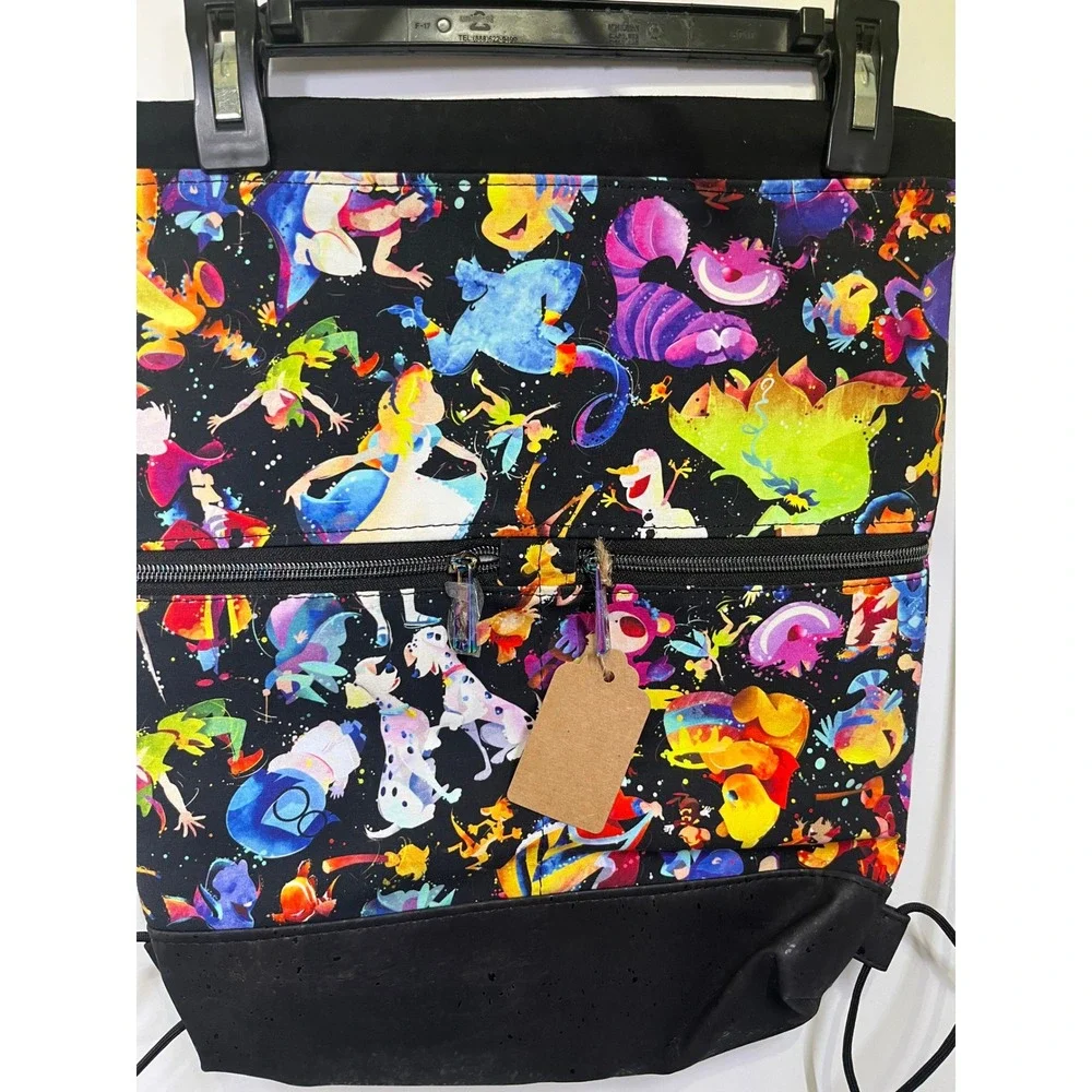 Handmade Character Watercolor Drawstring Backpack Black Cork Base Zipper Pocket